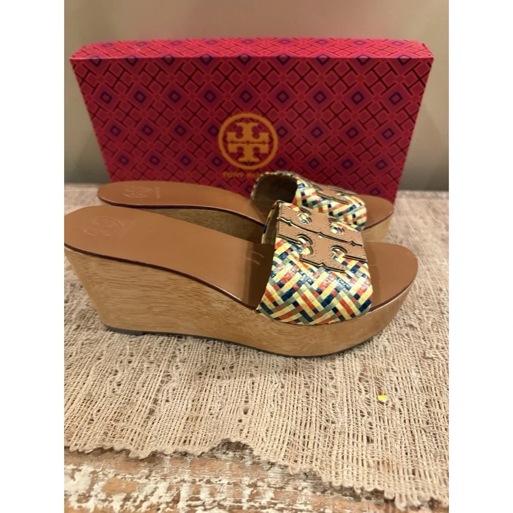 Tory Burch Ines Woven Multicolor Raffia Wedge Platform‎ Slide Sandals Sz-8